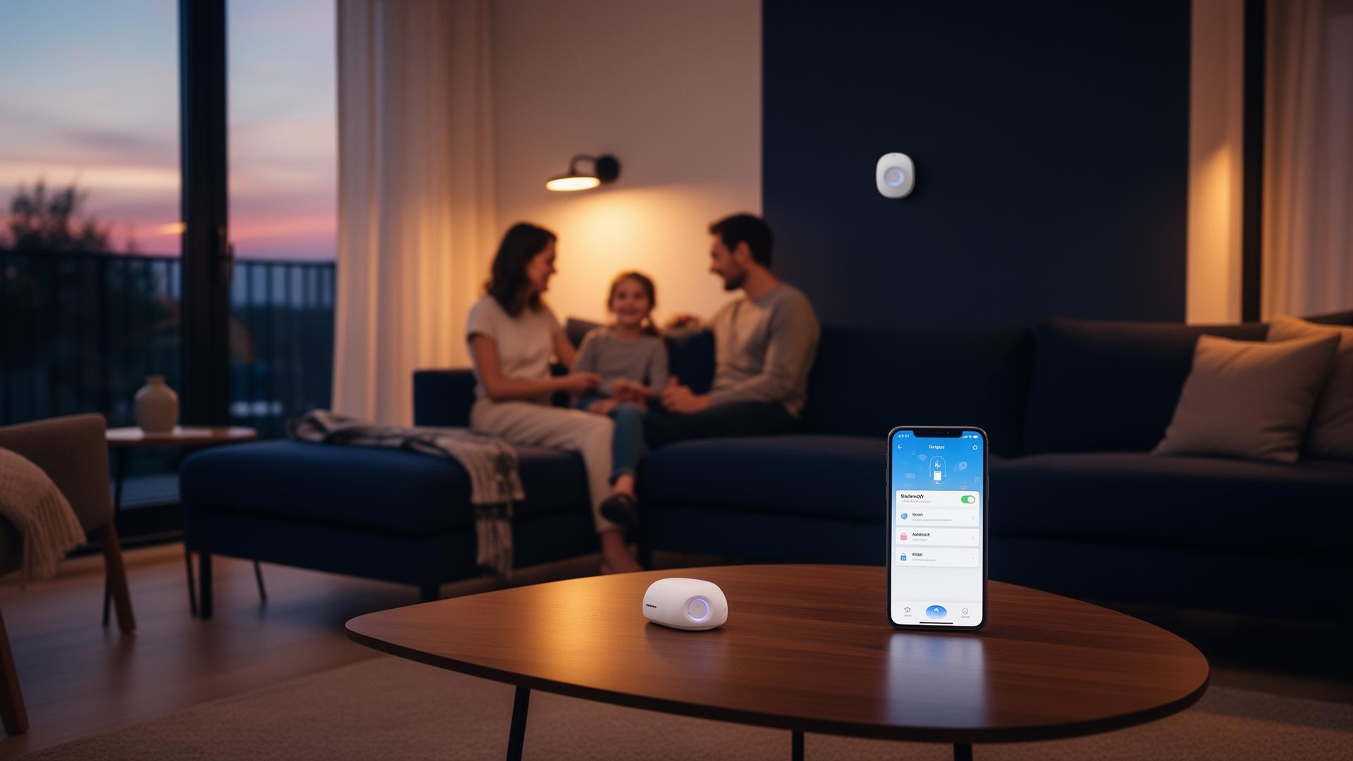 Familj hemma med HomeSafe smart larm och mobilapp